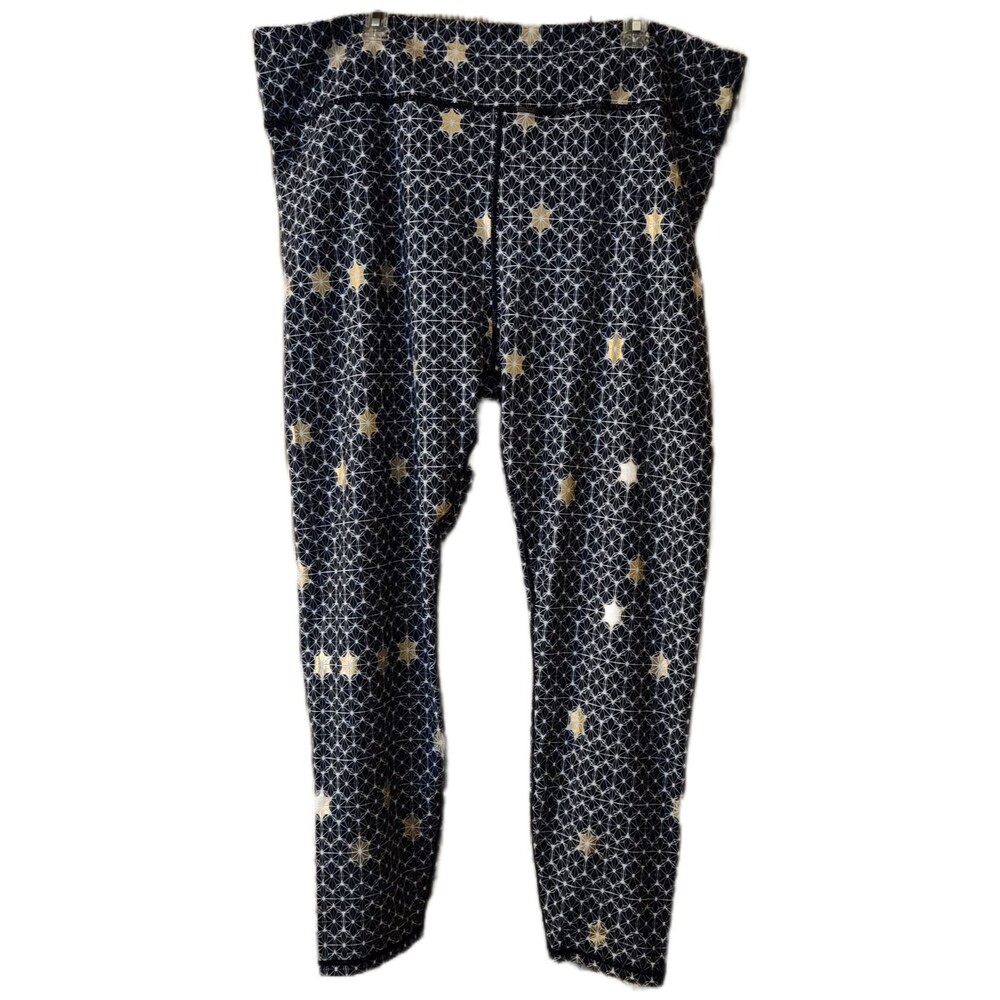 Fabletics Women's Leggings Size 3X Black White Gold Stars Wide Waistband EUC